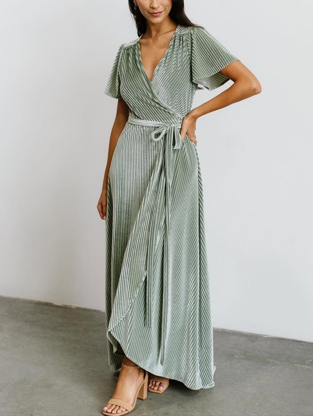 Baltic Born Andi Sage Green Ribbed Velvet Wrap Maxi Dress Size Small